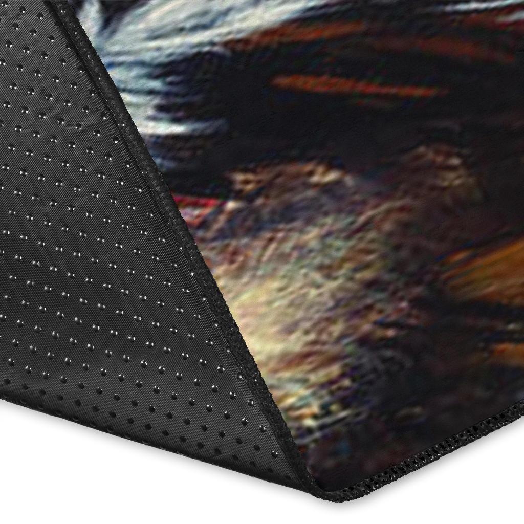 Close-up rug corner with black textured backing and dark printed border