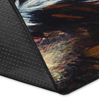 Close-up rug corner with black textured backing and dark printed border