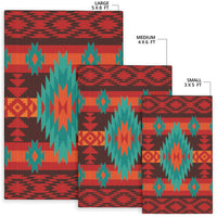Set of red geometric rug sizes: large 5x8, medium 4x6, small 3x5 with same pattern.