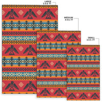Native-style rugs in sizes 5x8, 4x6, and 3x5 ft; red geometric stripe pattern