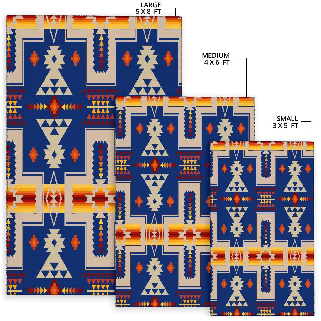 Tribal rugs in large 5x8, medium 4x6, and small 3x5, navy blue multicolor