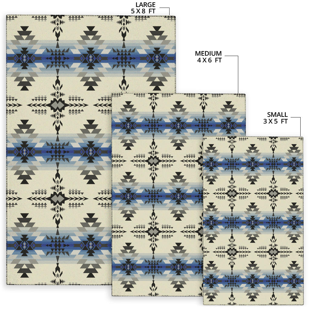 Area rug size chart showing large 5x8 ft, medium 4x6 ft, and small 3x5 ft options