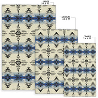 Area rug size chart showing large 5x8 ft, medium 4x6 ft, and small 3x5 ft options
