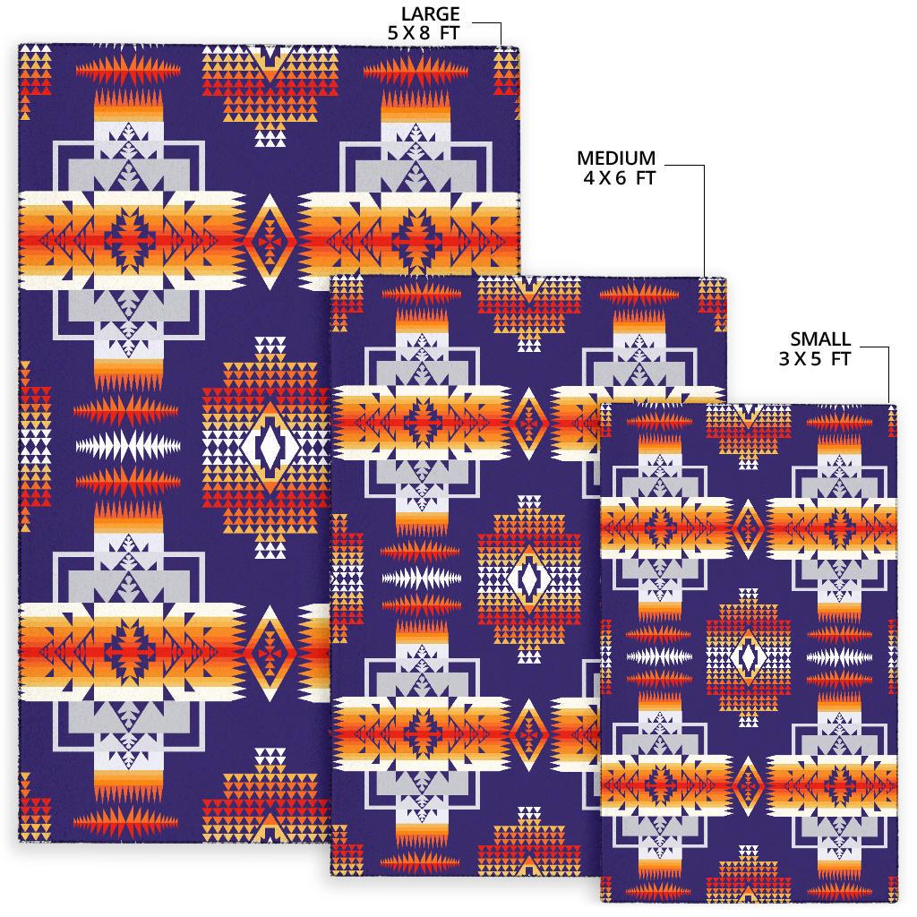 Tribal geometric rug in sizes: large 5x8, medium 4x6, small 3x5 on purple background