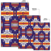 Tribal geometric rug in sizes: large 5x8, medium 4x6, small 3x5 on purple background