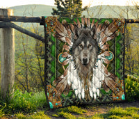 Wolf mandala quilt on railing, green multicolor tribal wolf center with black trim