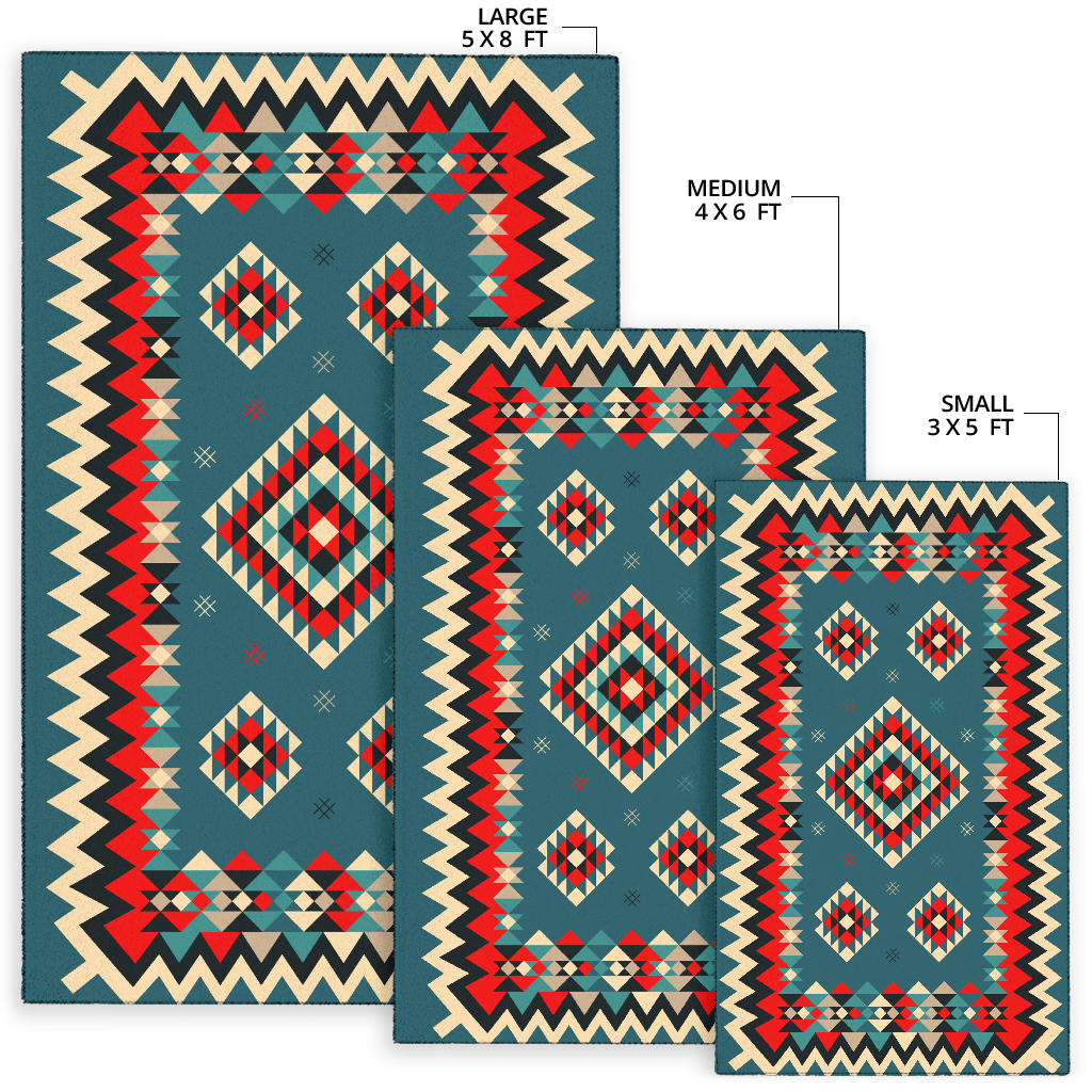 Teal geometric rug set: large 5x8 ft, medium 4x6 ft, small 3x5 ft, zigzag border