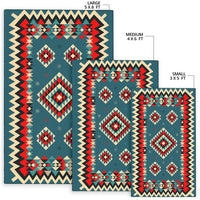 Teal geometric rug set: large 5x8 ft, medium 4x6 ft, small 3x5 ft, zigzag border