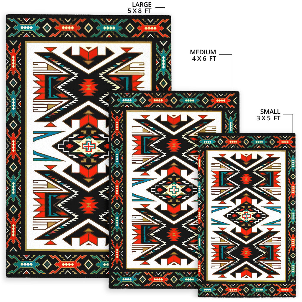 Tribal rug size chart showing large, medium, and small rectangles with Native geometric print