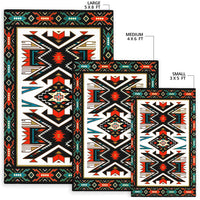 Tribal rug size chart showing large, medium, and small rectangles with Native geometric print