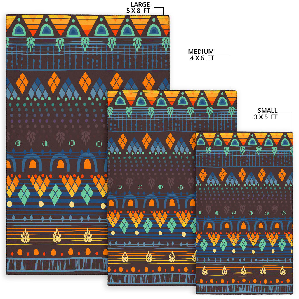 Ethno pattern area rugs: 5x8 large, 4x6 medium, 3x5 small; blue/orange geometric