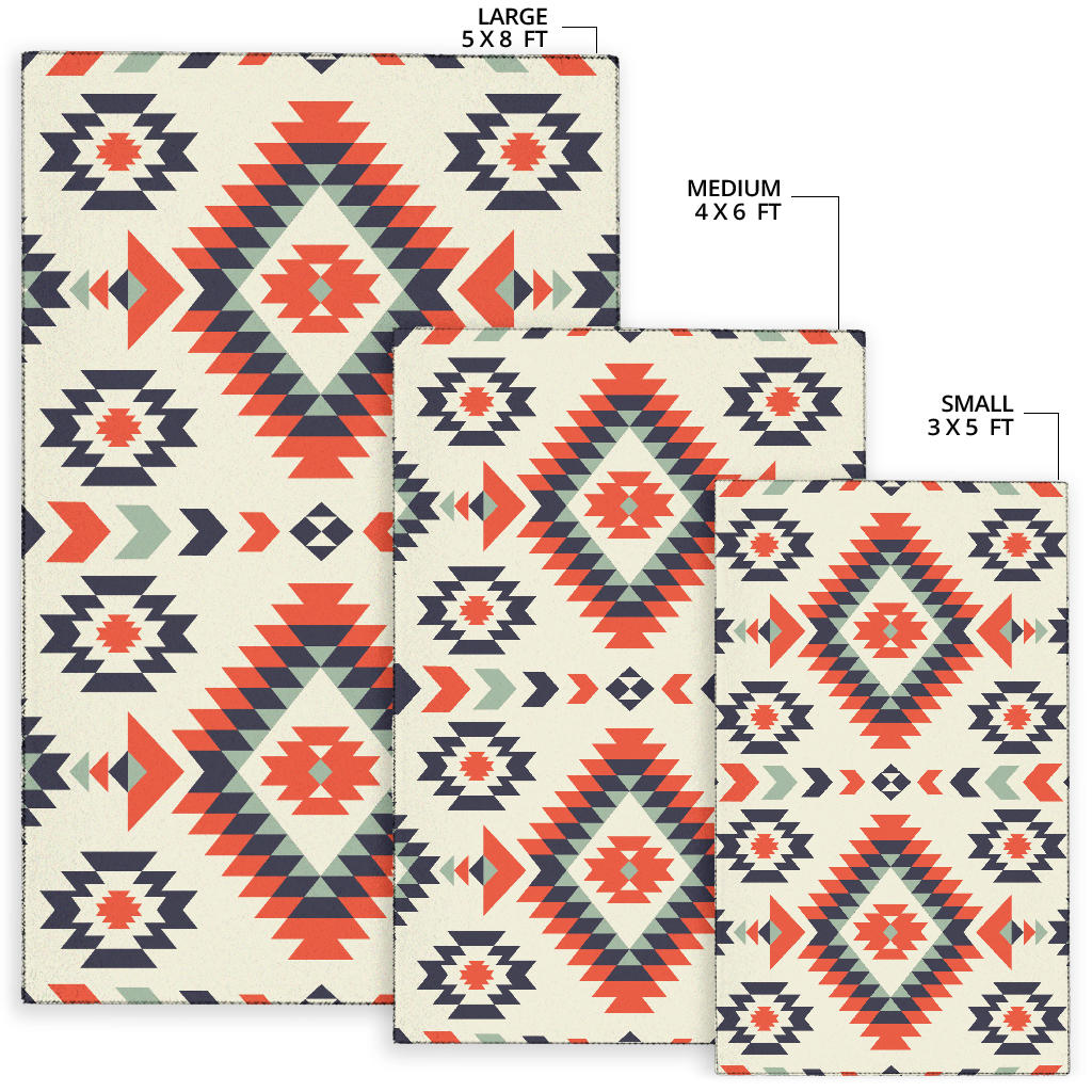 Area rug sizes chart: large 5x8 ft, medium 4x6 ft, small 3x5 ft, geometric pattern