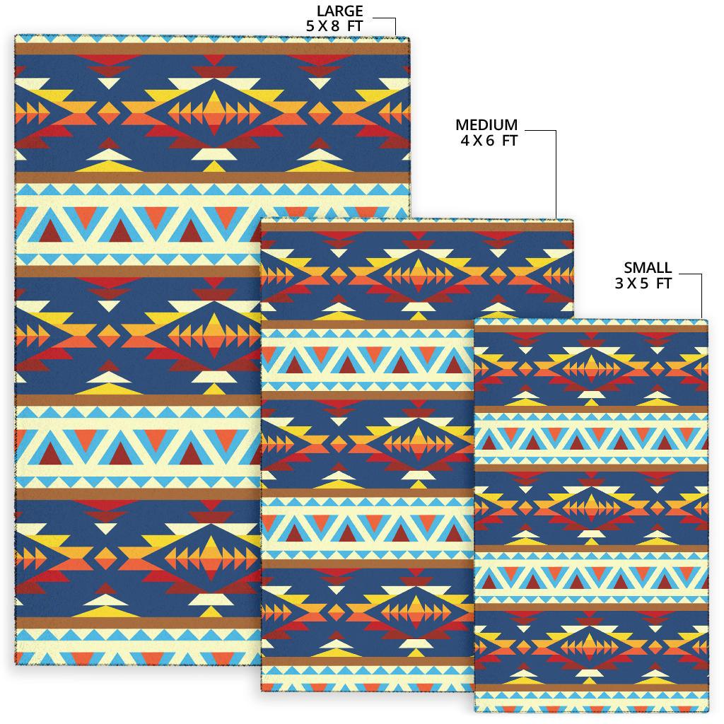 Rug sizes shown with tribal geometric design: 5x8 large, 4x6 medium, 3x5 small