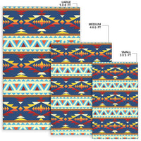 Rug sizes shown with tribal geometric design: 5x8 large, 4x6 medium, 3x5 small