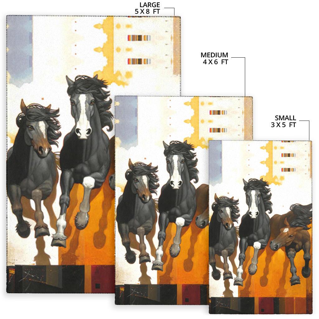 Area rug size chart: large 5x8, medium 4x6, small 3x5; horse graphic rugs
