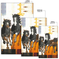 Area rug size chart: large 5x8, medium 4x6, small 3x5; horse graphic rugs