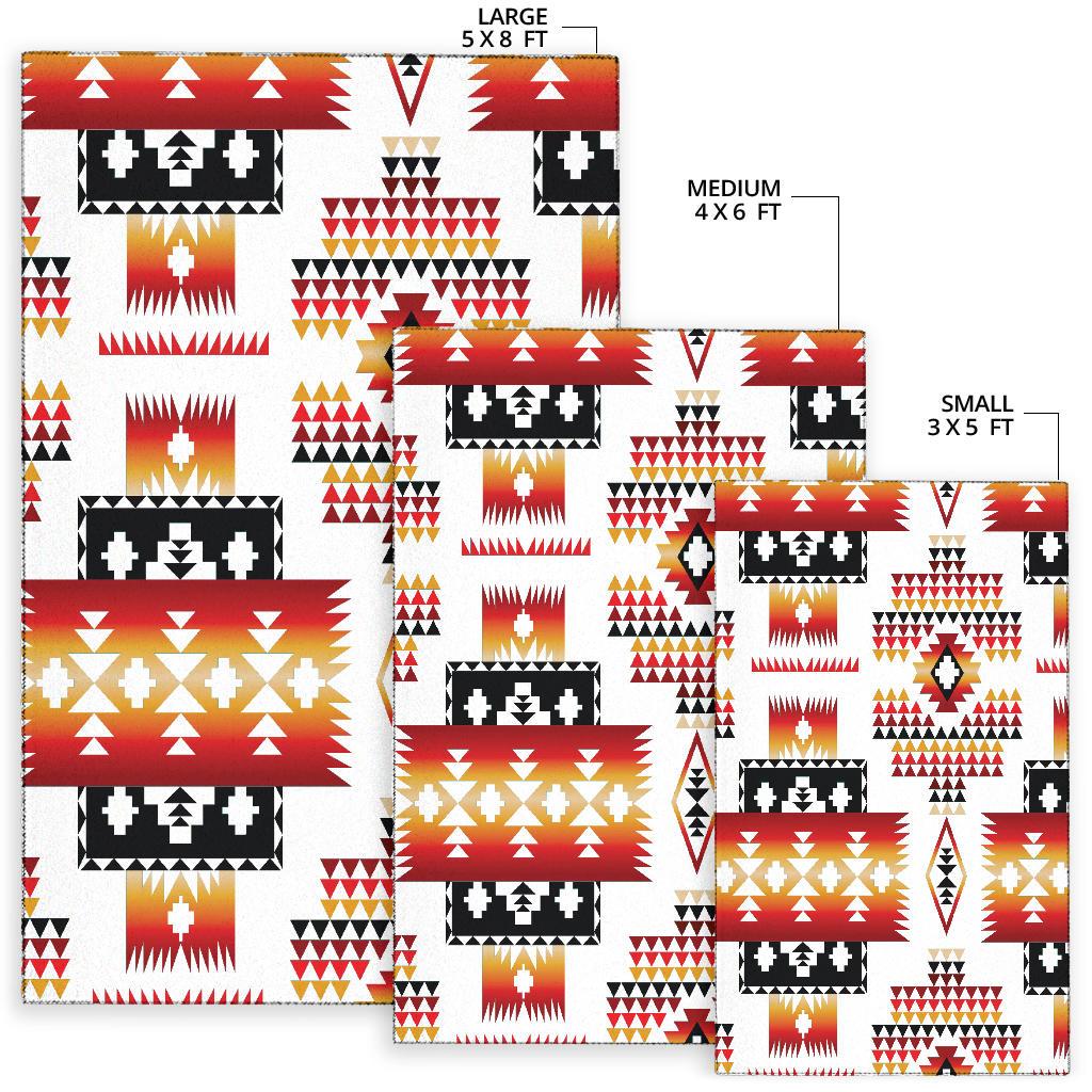 Size chart: 5x8 ft, 4x6 ft, 3x5 ft over red/black/white tribal rug pattern