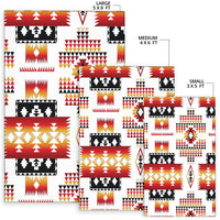 Size chart: 5x8 ft, 4x6 ft, 3x5 ft over red/black/white tribal rug pattern