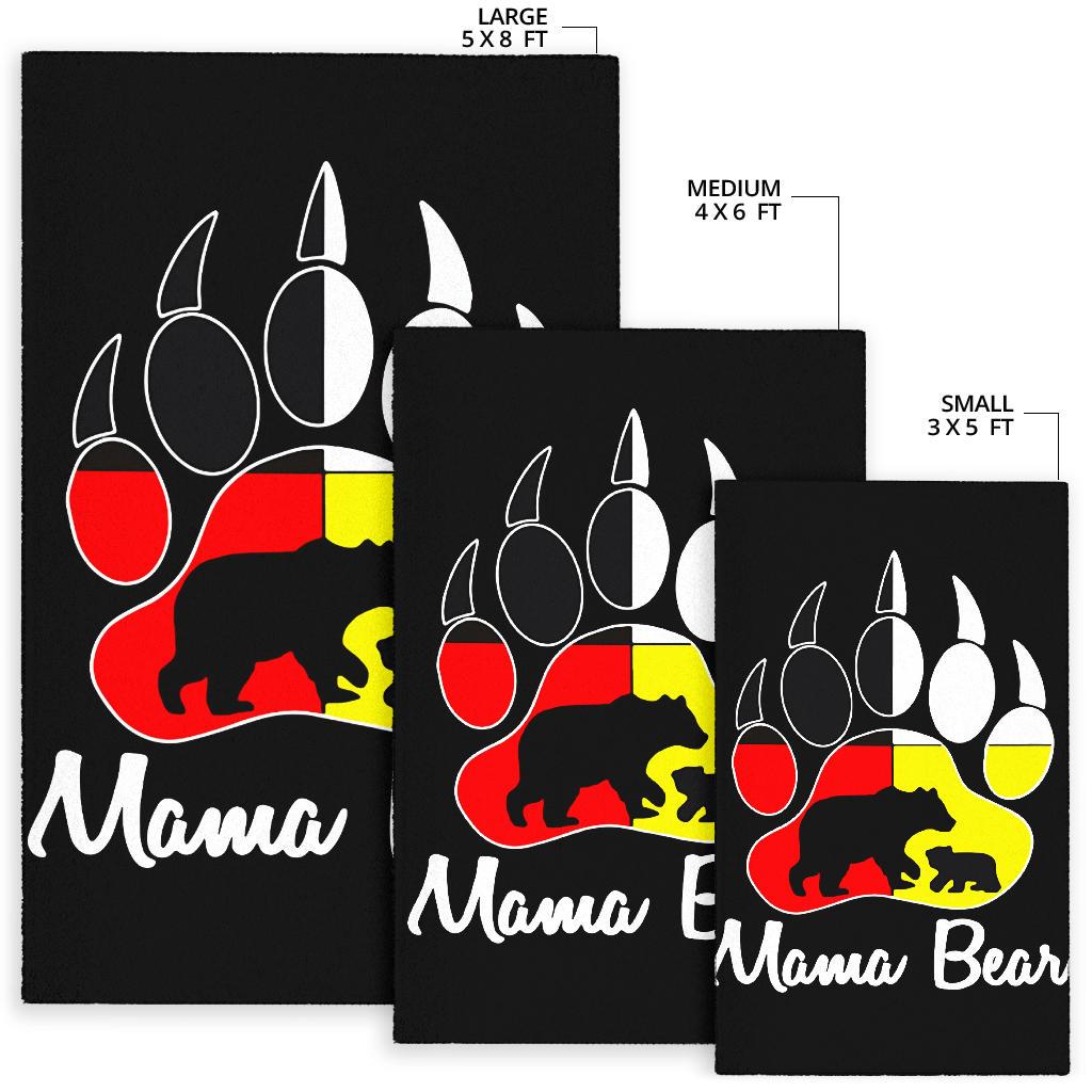 Set of black “Mama Bear” area rugs showing sizes 3x5, 4x6, and 5x8 ft