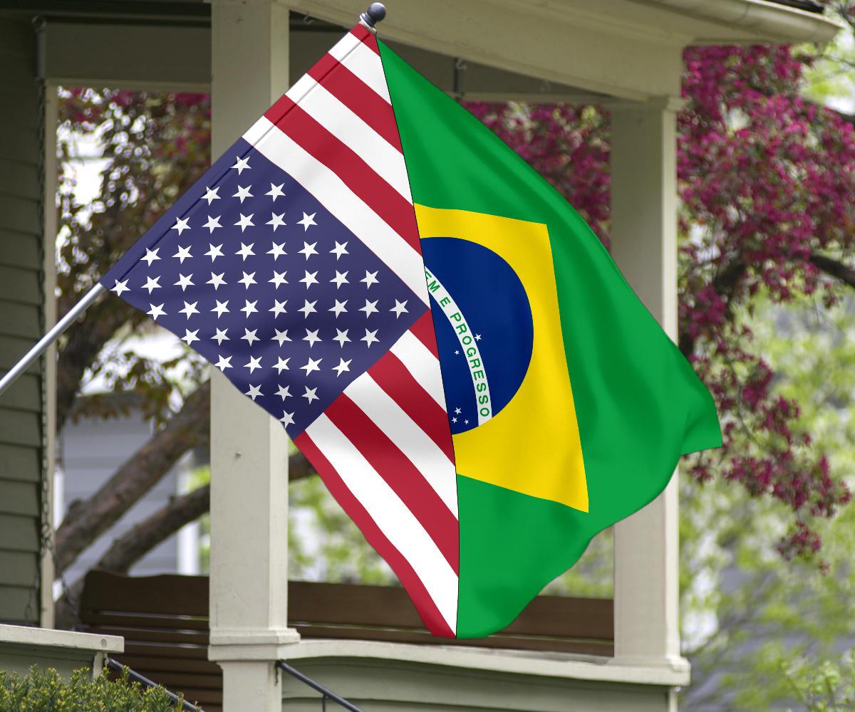 Double flag display: US stars and stripes on one side with Brazil overlay on the other