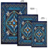 Native American rug sizes shown: 5x8 large, 4x6 medium, 3x5 small in blue