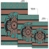 Kokopelli native rugs in three sizes, teal and rust geometric pattern with silhouettes