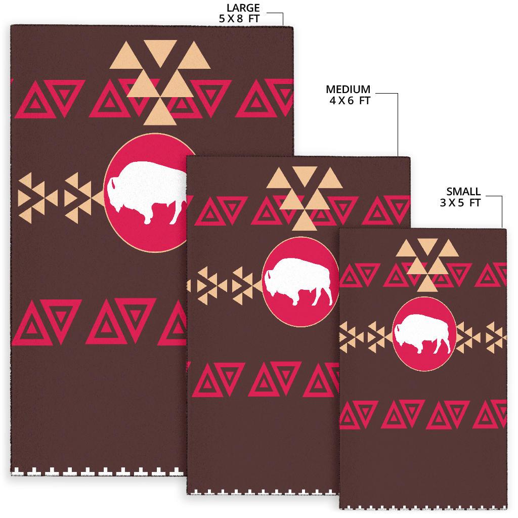 Area rug size chart: 5x8 ft large, 4x6 ft medium, 3x5 ft small with bison design