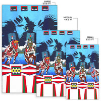 Area rug size chart: 5x8, 4x6, 3x5—blue horse costumes with striped border
