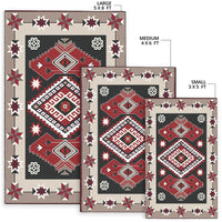 Set of tribal rugs in large 5x8 ft, medium 4x6 ft, small 3x5 ft, red brown black