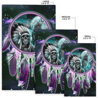 Skull dreamcatcher rug sizes shown: small 3x5 ft, medium 4x6 ft, large 5x8 ft