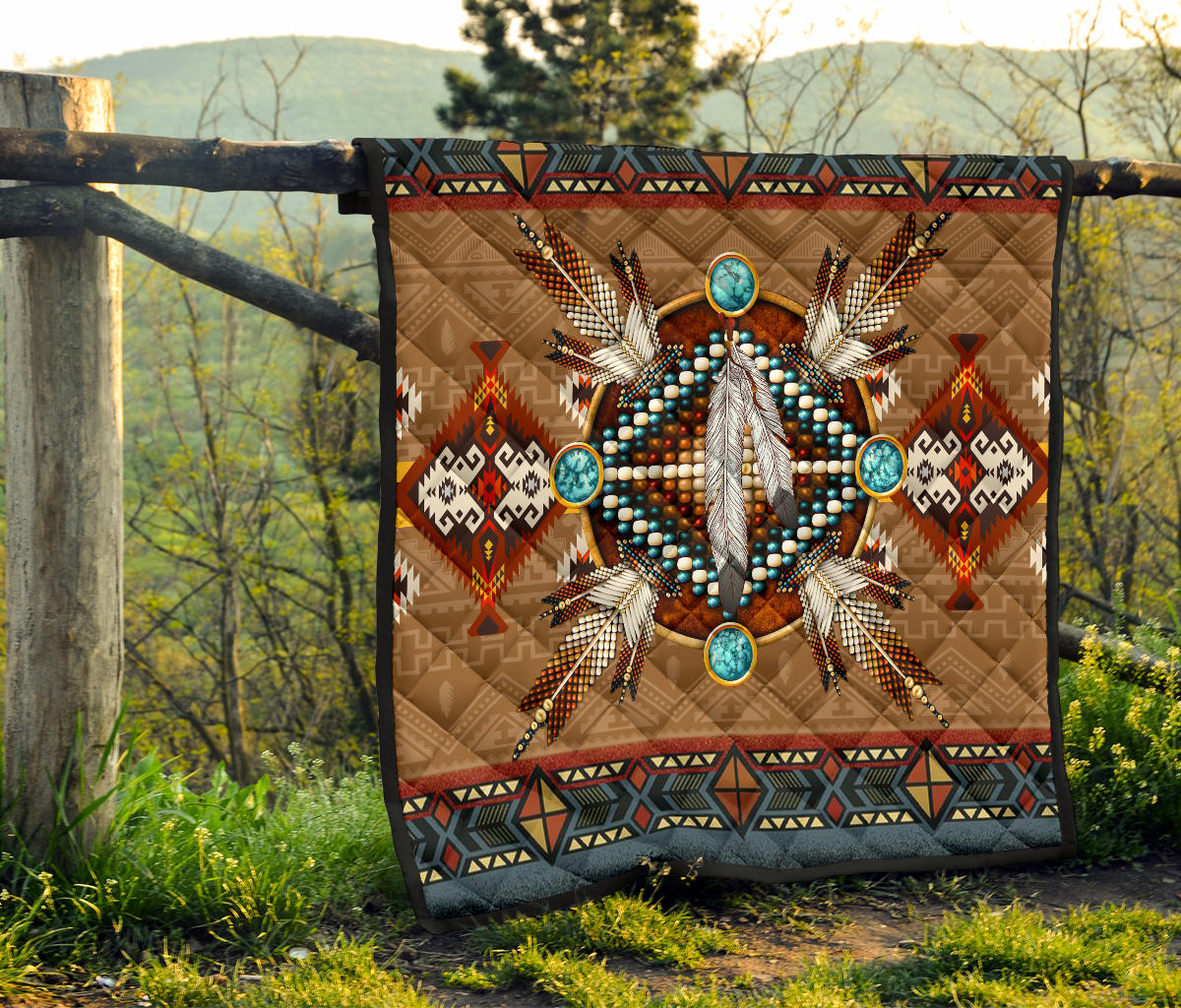 Brown Native-pattern quilt with turquoise circles and central feathered figure, dark border trim