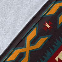 Close-up of Native American blanket fabric edge with geometric shapes and texture