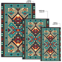 Area rug size chart showing large 5x8 ft, medium 4x6 ft, and small 3x5 ft