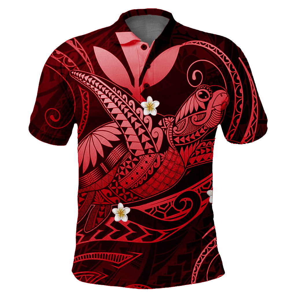 Red polynesian polo shirt with turtle print and hibiscus flowers