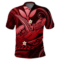 Red polynesian polo shirt with turtle print and hibiscus flowers