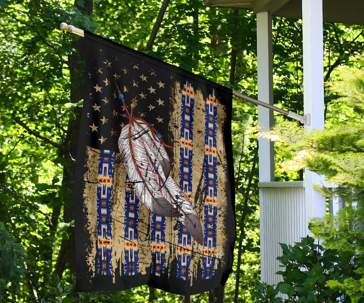 Outdoor feather flag draped on a clothesline, black with stars and blue stripe pattern