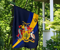 Barbados flag on outdoor railing, blue/yellow diagonal coat of arms