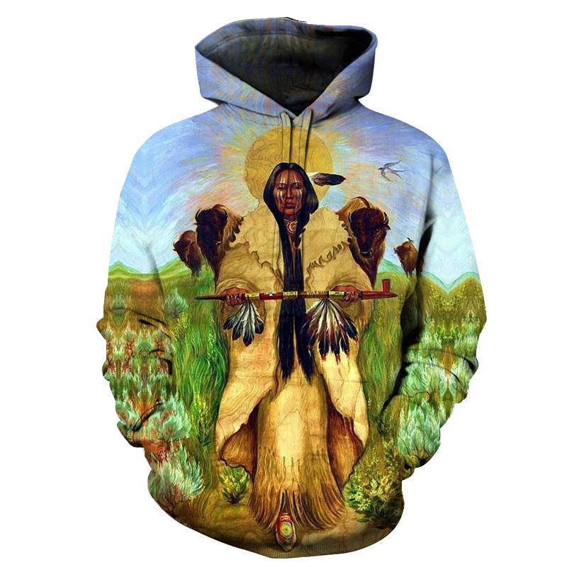 Multicolor pullover hoodie with Native figure, bison, and feathers graphic on front