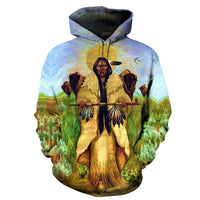 Multicolor pullover hoodie with Native figure, bison, and feathers graphic on front