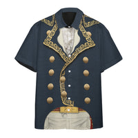 Navy Hawaiian shirt with gold emblem print, short sleeves, and button front