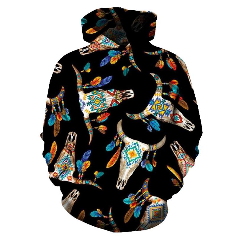 All-over print black pullover hoodie with colorful Native motifs and bison graphics