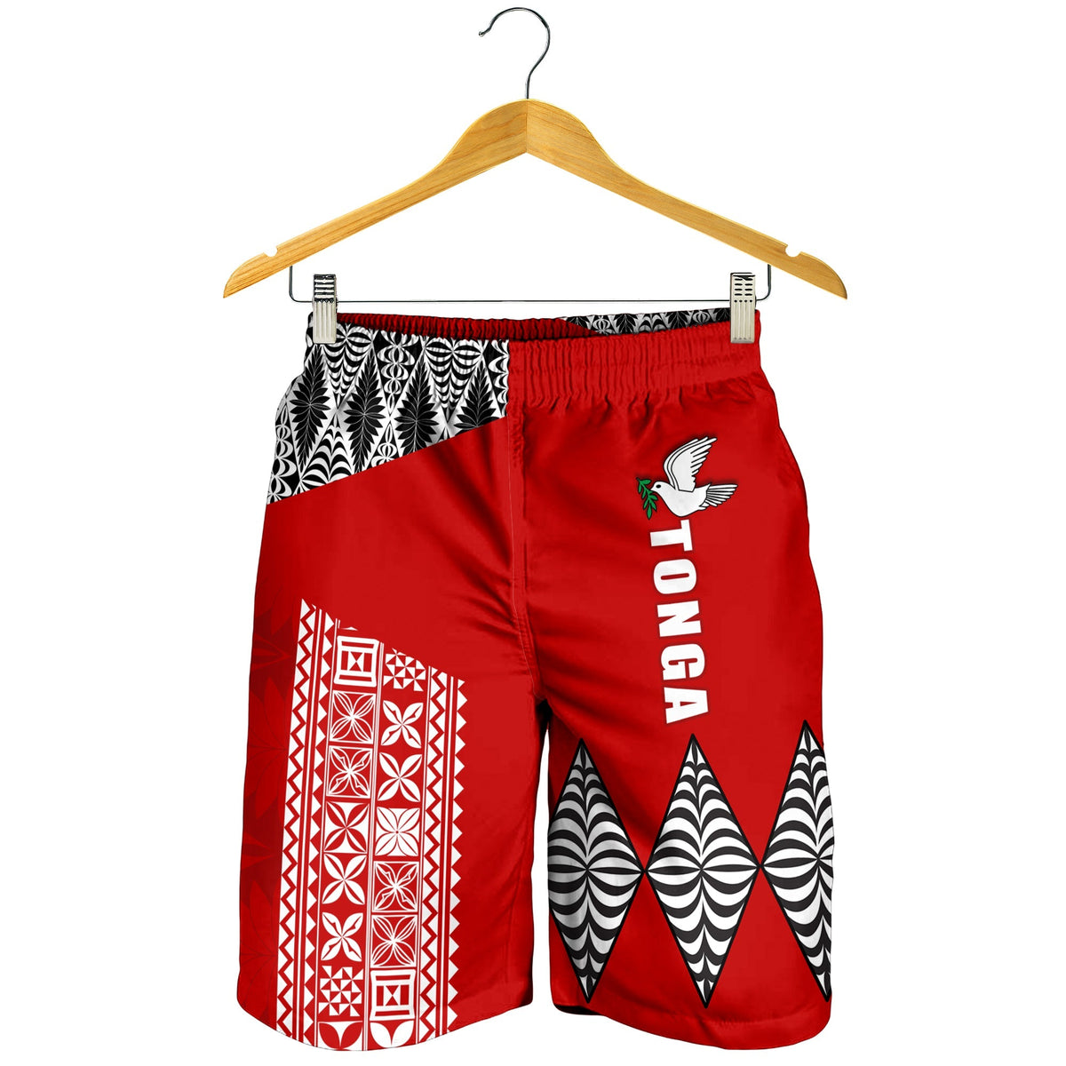 Red shorts on hanger with elastic waistband; black-and-white geometric trim