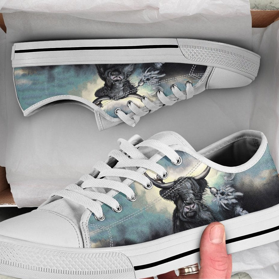 Highland cow low-top sneakers, white sole, blue plaid graphic, white laces