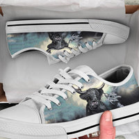 Highland cow low-top sneakers, white sole, blue plaid graphic, white laces