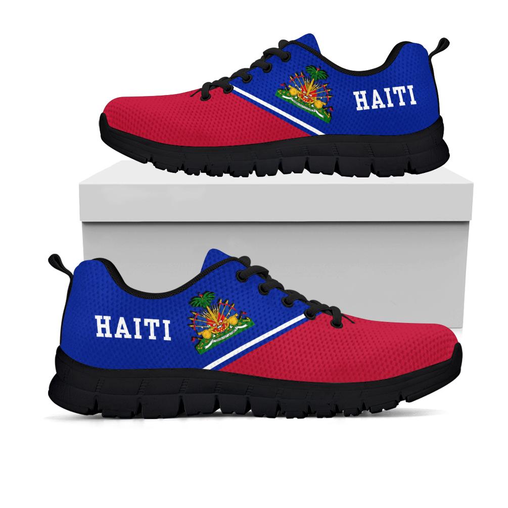 Haiti Rising sneakers with blue and red upper, black sole, “HAITI” graphic on side
