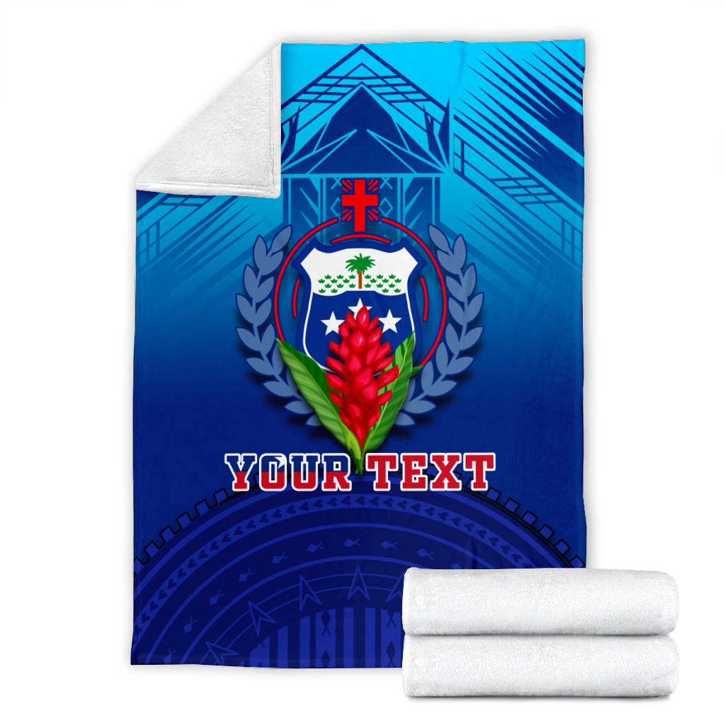 Blue blanket with white backing folds and crest emblem, 'YOUR TEXT' printed front