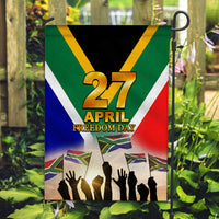 27 April Freedom Day garden flag with date text and raised hands silhouette