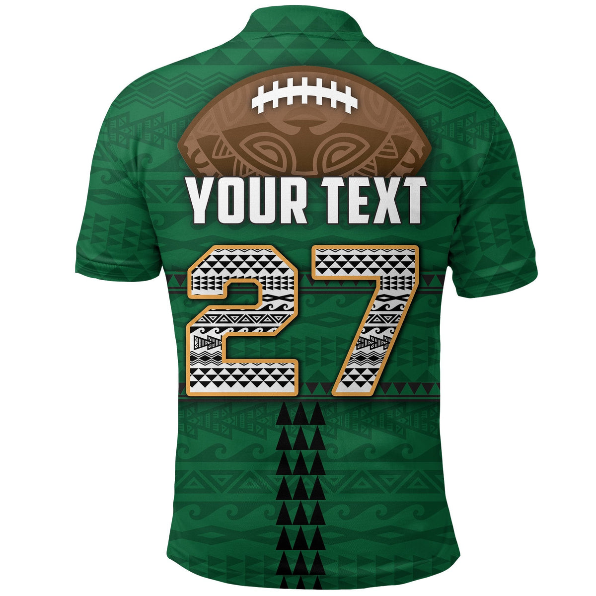 Green Polynesian Bowl polo back with custom text and number 27 graphic