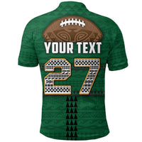 Green Polynesian Bowl polo back with custom text and number 27 graphic