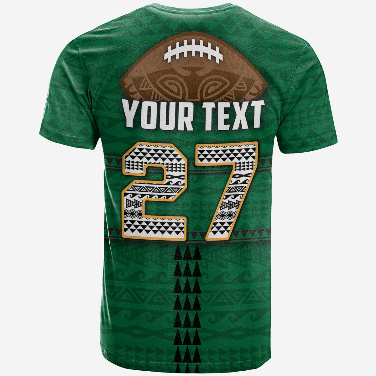 Green T-shirt back with “YOUR TEXT” and number 27 on Polynesian pattern